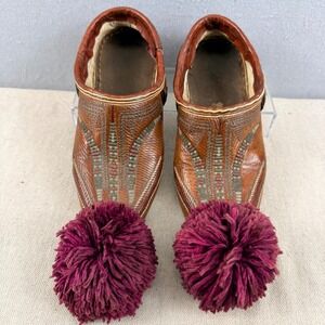 Vintage Greek Tsarouchi Leather Pom Pom Shoes Evzone Folk Art Handcrafted Greece